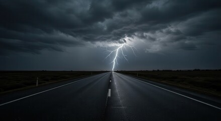A powerful lightning bolt illuminates a lonely highway stretching into a dark, stormy landscape.