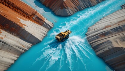 Top view of a yellow truck driving through a surreal turquoise river in a canyon