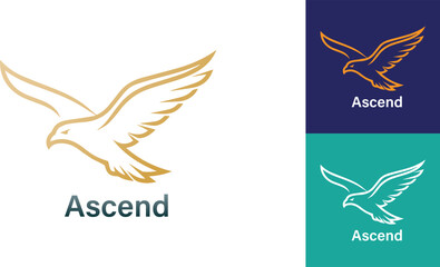 Golden Eagle Logo Design. Stylized golden eagle logo design shown in three color variations gold, 
white, and orange. This logo features a golden eagle in flight