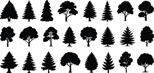Tree, silhouette, black, vector, icon, foliage, forest, nature, botanical, shape, design, isolated, graphic, minimal, outline, plant, landscape, clipart, set, grid