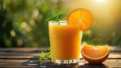 Fototapeta premium Fresh orange juice in a glass, garnished with mint and orange slice, on a wooden table outdoors in sunlight