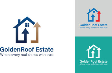 GoldenRoof Estate Logo Featuring a House and Upward Arrows. Real estate logo design. Home sale logo design