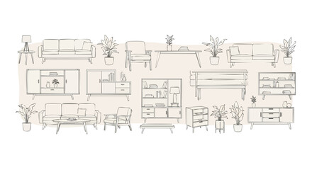 Modern minimalist furniture collection with clean lines, plants, and elegant design for stylish interiors