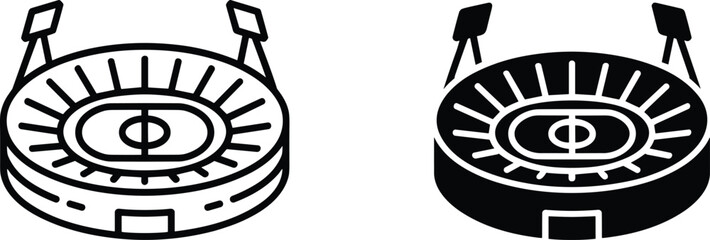 Vector illustration of modern sports stadium icon, football arena design, soccer field graphic, black and white outline, isolated symbol © Titan