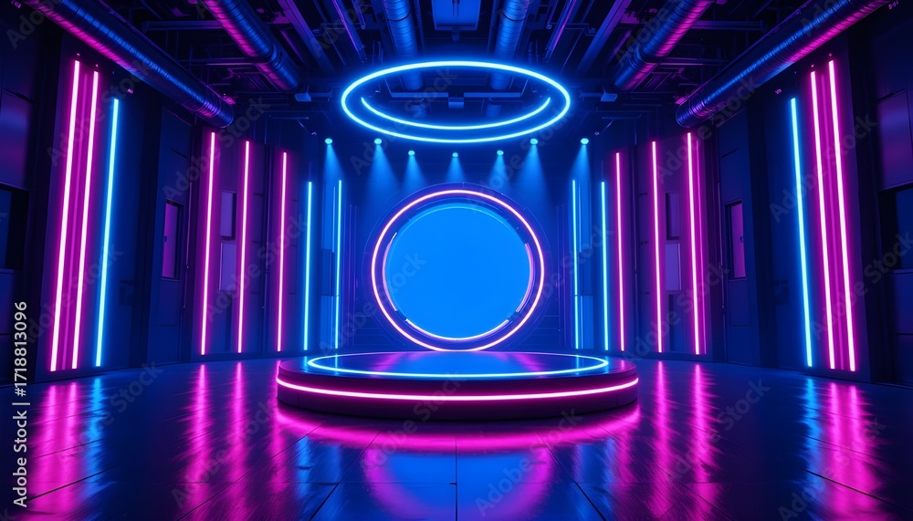 Poster futuristic stage with neon lights and circular shapes creating a vibrant and modern atmosphere for p