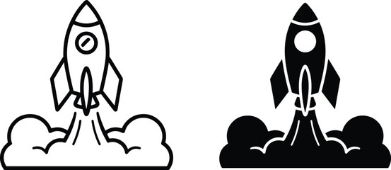 Vector illustration of rocket launch icon, spaceship takeoff graphic, startup concept design, black and white outline, isolated symbol, smoke