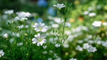 White flowers with bright yellow centers bloom amid lush green foliage in a soft sundappled garden setting
