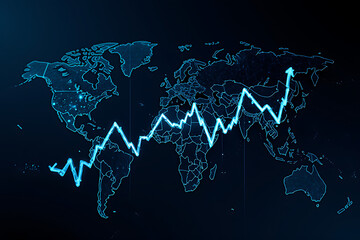 Futuristic glowing blue line graph showing an upward financial trend over a digital world map.
