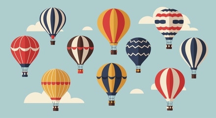 A vibrant flat design illustration showcasing a collection of hot air balloons with various patterns and colors, highlighting the diversity and fun of a fiesta.  © Aries
