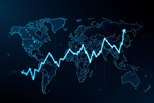 Futuristic glowing blue line graph showing an upward financial trend over a digital world map.