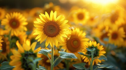 Obraz premium Bright Sunflower in Bloom Surrounded by Vibrant Yellow Field