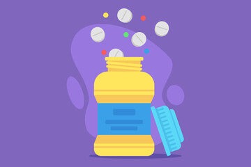 Vitamin bottle with various colorful tablets floating above it
