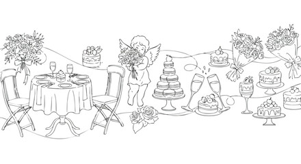 Elegant line art illustration of romantic celebration with flowers, cakes, and an angel, perfect for invitations and dreamy designs or coloring pages
