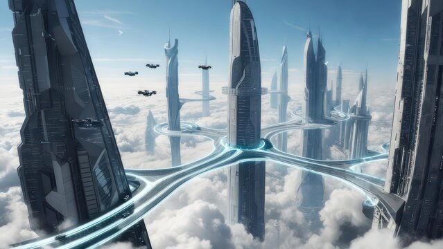 Futuristic city nestled amidst clouds.  High-rise buildings interconnected by elevated roadways.  Aerial view of a futuristic metropolis