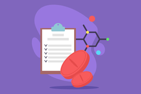 Detailed checklist of various benefits and applications of vitamins. Colorful molecular structures and red vitamin capsules against vibrant background