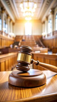 Wooden gavel resting on sound block in grand courtroom with tiered seating and bright chandelier overhead, evoking justice and legal proceedings