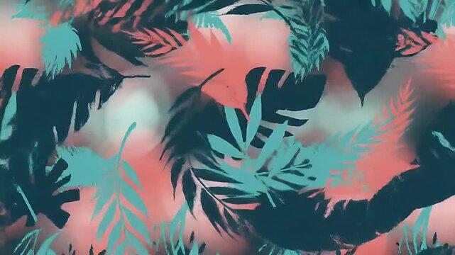 Vibrant tropical leaf pattern design with coral, teal, and navy tones.