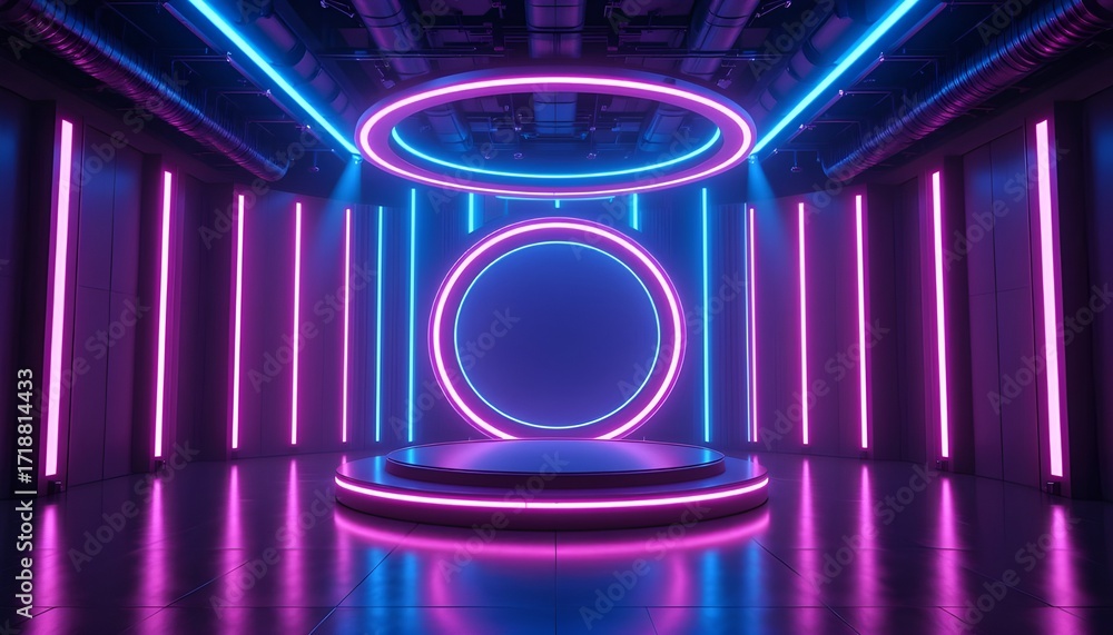 Poster futuristic stage with neon lights and circular shapes creating a vibrant and modern atmosphere for p