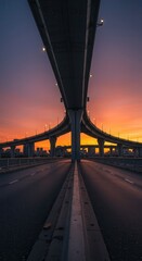 A dramatic highway overpass stretches across the road at sunset, showcasing a powerful structure and vibrant colors.