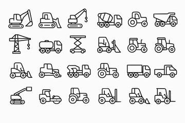 Minimalist Construction Machinery Icon Set in Linear Black Vector Style
