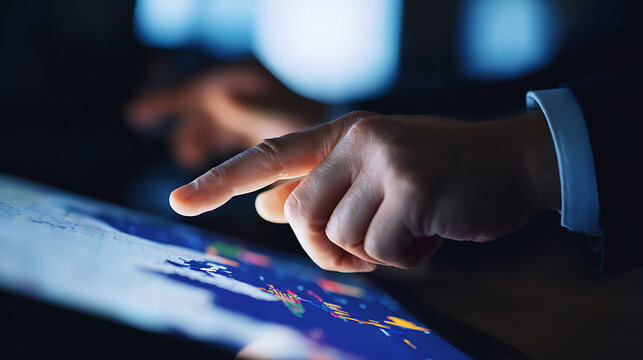 Hand pointing at a digital world map on a touchscreen display in a dimly lit environment