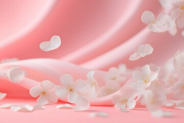 Delicate White Flower Petals on Soft Pink Fabric Background with Gentle Waves