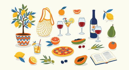 Vibrant Mediterranean lifestyle scene bursting with fresh fruits, delicious pizza, wine, and refreshing drinks perfect for summer.