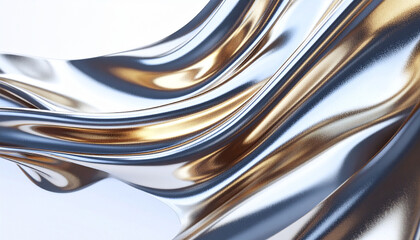 An abstract image of flowing, liquid metallic shapes with smooth, shiny reflections. The design features a dynamic swirl of polished silver and molten gold, creating a luxurious and elegant visual.