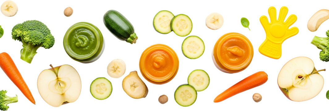 Jars of green and orange purees broccoli carrots apples bananas zucchini and a yellow teether baby food transparent background