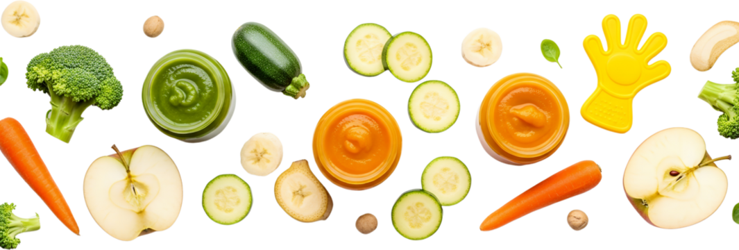 Jars of green and orange purees broccoli carrots apples bananas zucchini and a yellow teether baby food transparent background