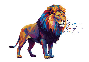 Obraz premium Majestic Polygonal Lion with Vibrant Mane and Disintegrating Fragments.