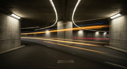 A subterranean passageway, illuminated by streaks of light from moving vehicles, reveals a modern concrete structure's architectural design.
