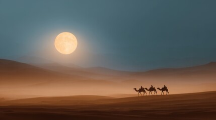 Three camels silhouetted against a full moon in a serene desert landscape at dusk