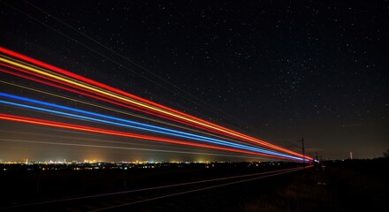 A mesmerizing display of light trails from a speeding train against a star-studded night sky over a city landscape.