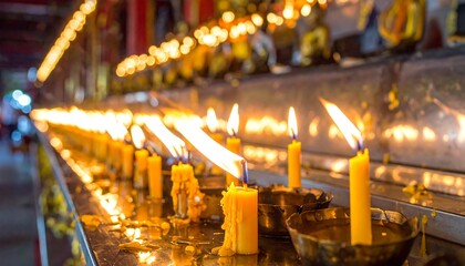 Many lit candles in a temple