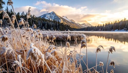 Winter sunrise over a serene mountain lake