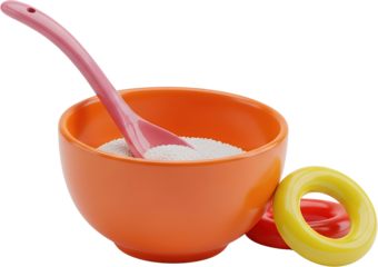 Orange bowl with white granular substance and pink spoon next to red and yellow rings isolate Food Ingredients