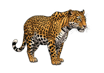 Obraz premium Vibrant cartoon jaguar illustration standing showcasing detailed rosettes and spots on its orangetan fur with a white underbelly.