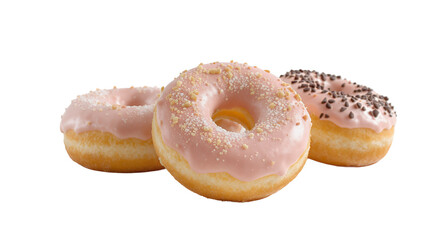 Three pink glazed donuts with various toppings on a white background