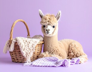 Obraz premium Cute felt alpaca plush toy sitting beside a woven basket with cozy knitted blankets, pastel lavender background, whimsical fairytale style illustration