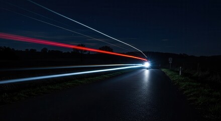 Long exposure shot of a country road at night, with vibrant trails of vehicle lights illuminating the dark landscape.