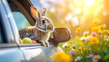 Cute Easter bunny peeking out of a car window on a sunny spring day with colorful eggs.