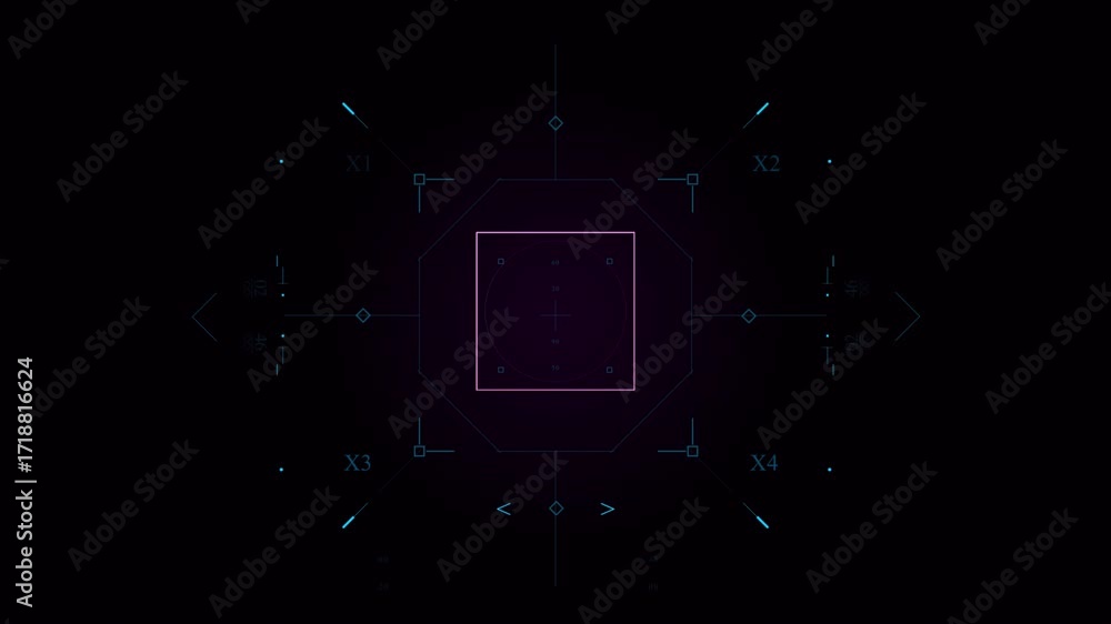 Poster futuristic dark tunnel with pulsating purple square animation.