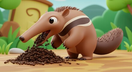 A cartoon anteater happily consumes a large pile of ants in a vibrant, 3D animated scene.
