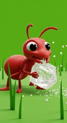A cheerful red ant character holds a large ice cube, scattering pieces of it playfully on a vibrant green field.