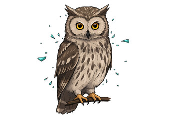 Obraz premium Detailed brown and beige patterned owl with prominent ear tufts and striking yellow eyes perched on a branch.