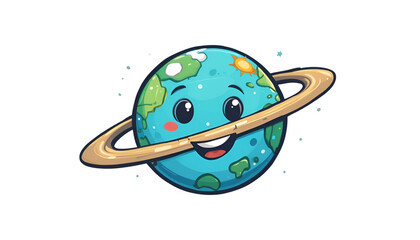 Happy cartoon planet earth with ring isolated on white background