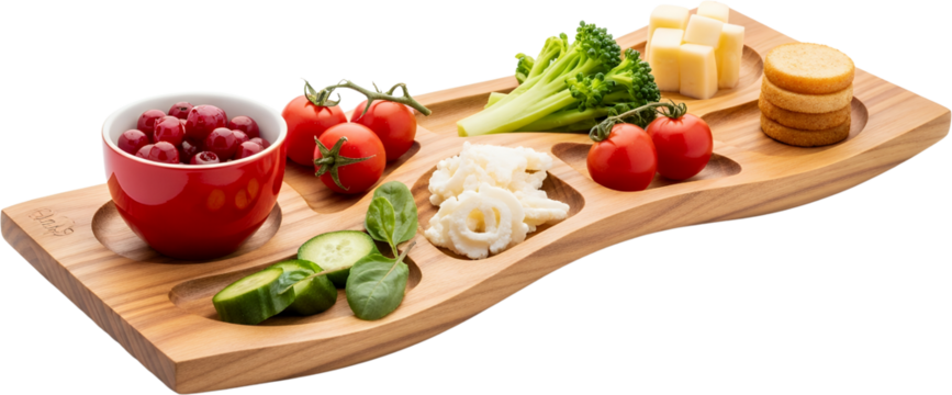 Wooden platter with fresh cherries cherry tomatoes cucumber slices spinach leaves broccoli florets cheese cubes and crackers isolate