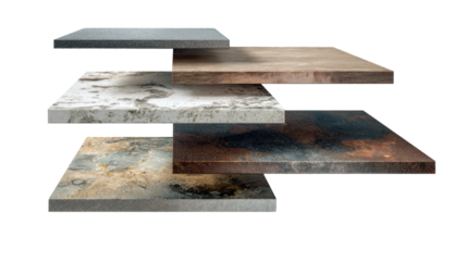 Stacked slabs of various stone-like materials, showcasing different colors and textures