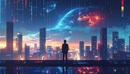 Futuristic cityscape at night, person gazing at digital rain and burning planet